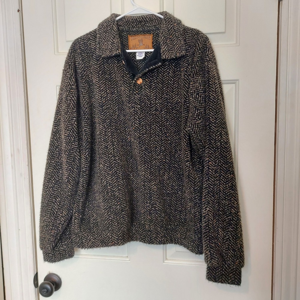 Field & Stream Mens Herringbone Quarter Button Pullover Sweater Brown Large USA